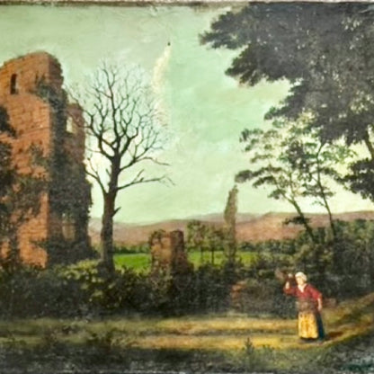 Victorian Landscape with Ruins — Oil on Wood Board, Signed Peeters