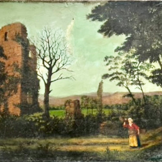 Victorian Landscape with Ruins — Oil on Wood Board, Signed Peeters