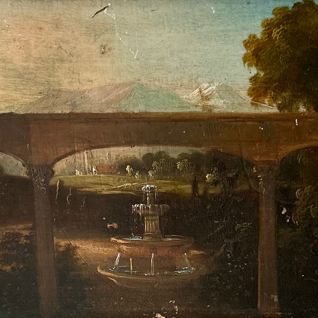 Antique European Fountain Landscape on Wood Panel in vintage style frame