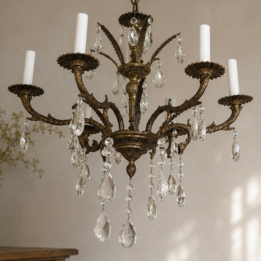 Vintage French-Style Brass & Crystal Six-Light Chandelier