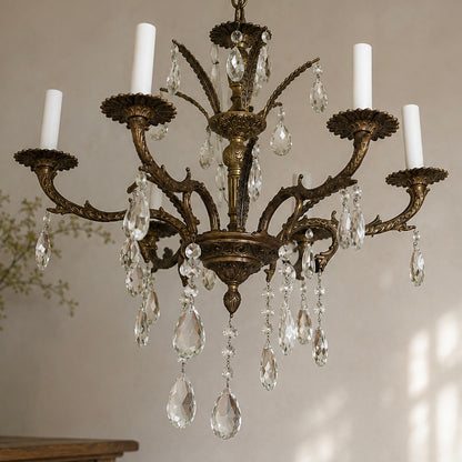 Vintage French-Style Brass & Crystal Six-Light Chandelier