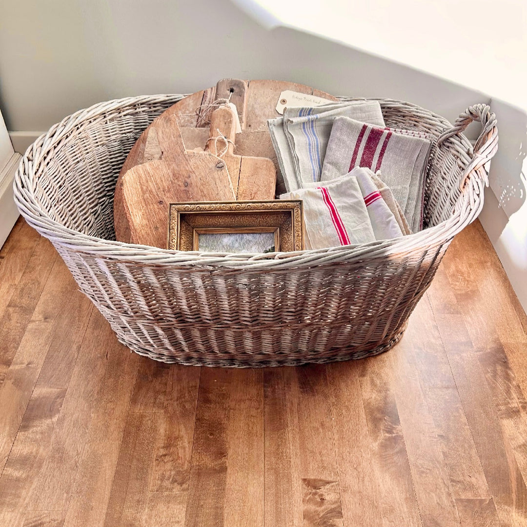 Large Vintage French Market Basket – 30” Oval Willow Gathering Basket