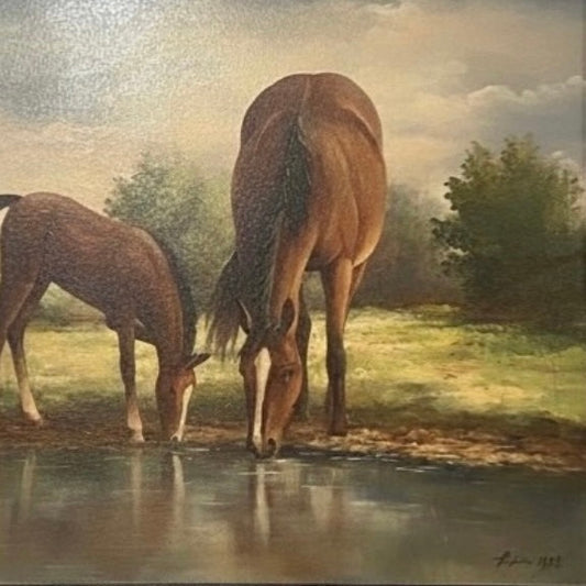 “By the Water’s Edge” — Vintage Horse & Foal Oil Painting