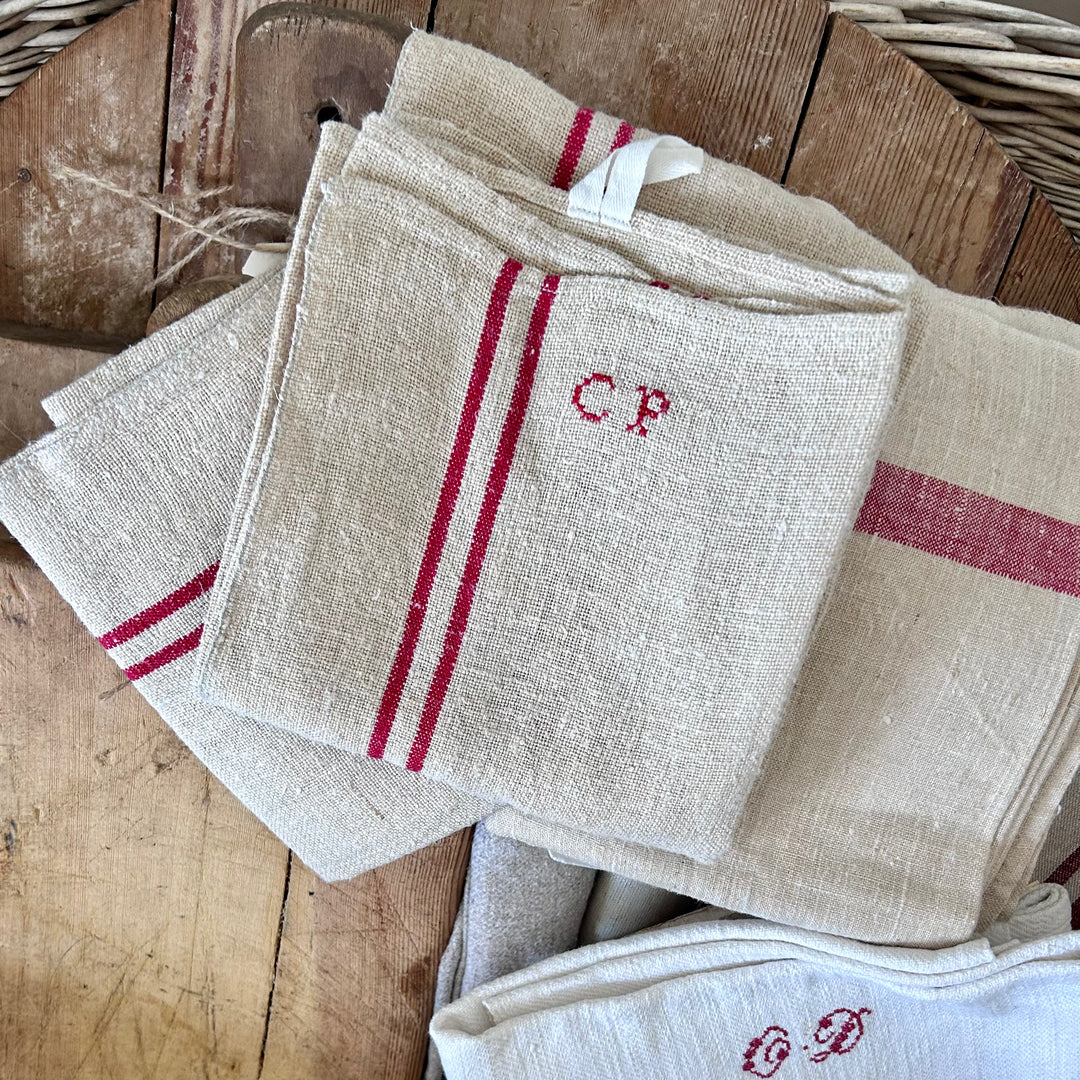 Antique French Linen Torchon with Red Grain Stripe & Monogram