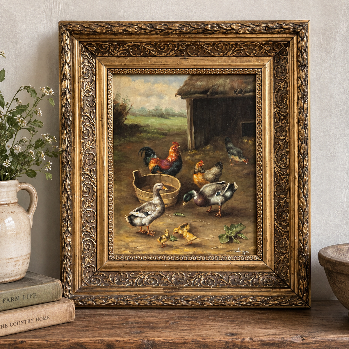 Vintage European Farmyard Oil Painting in Ornate Gilt Frame