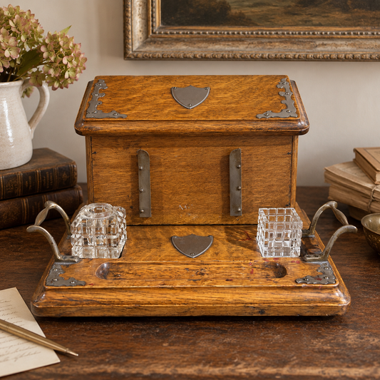 Antique Oak Stationery & Inkwell Desk Stand | c. 1900