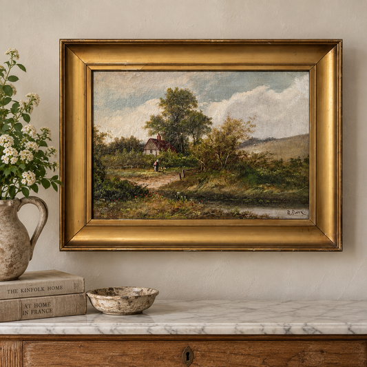 Cottage By The Water Antique English Landscape Oil Painting – Signed R. Percy