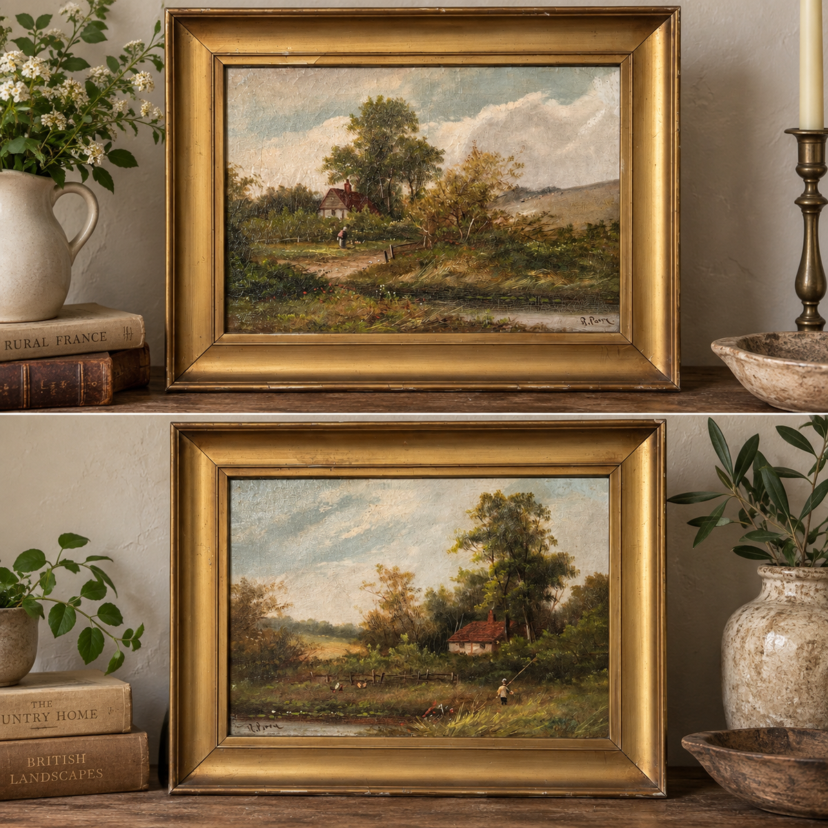 Cottage & Country Fields
Antique English Landscape Oil Painting – Signed R. Percy