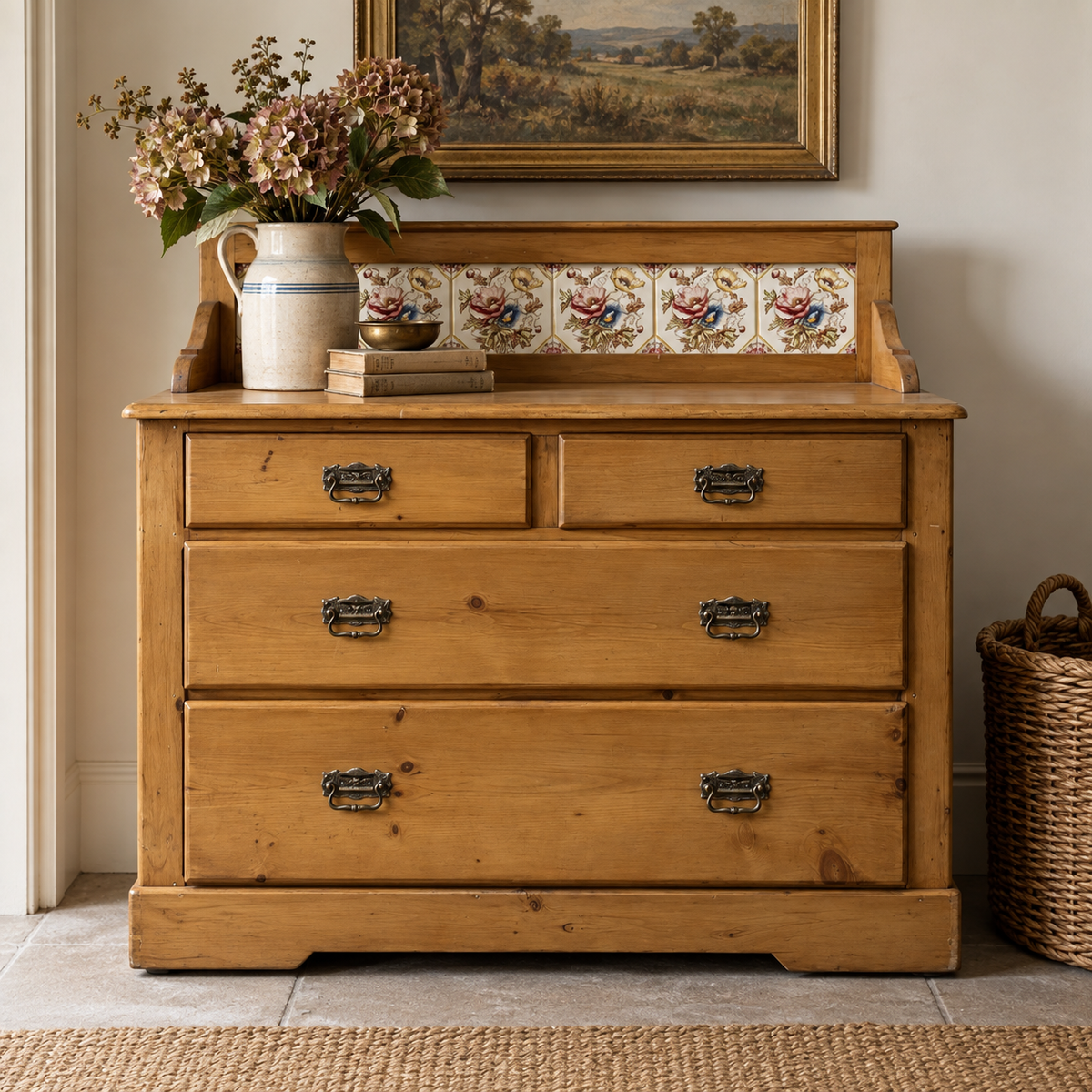 Antique Pine Washstand with Tiled Back