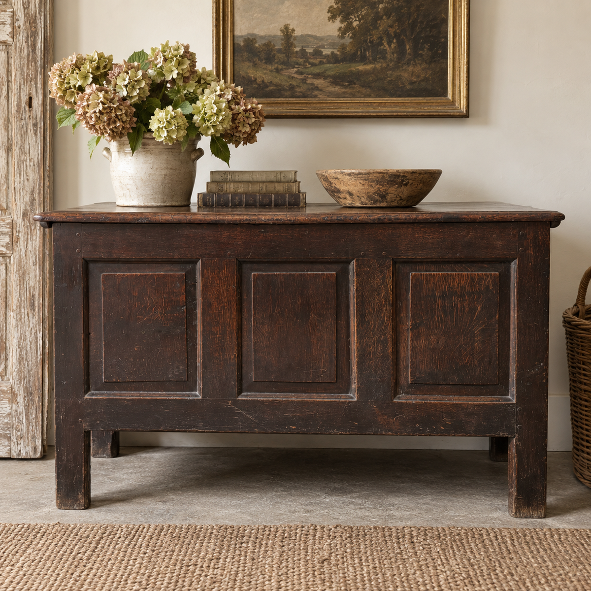 Antique English Oak Coffer / Blanket Chest
Circa late 18th to early 19th century