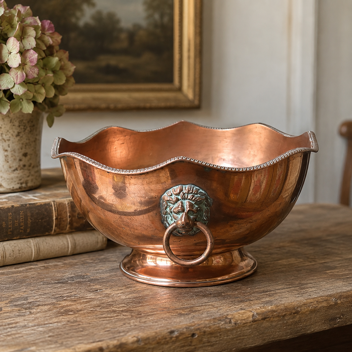 Antique Copper Jardinière with Lion Mask Handles