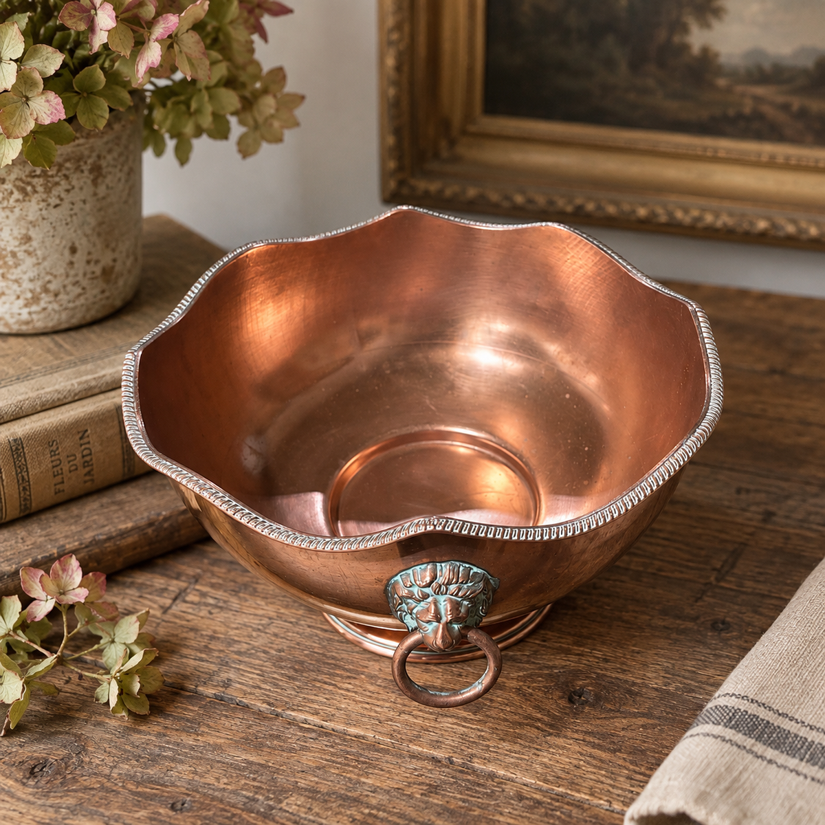 Antique Copper Jardinière with Lion Mask Handles