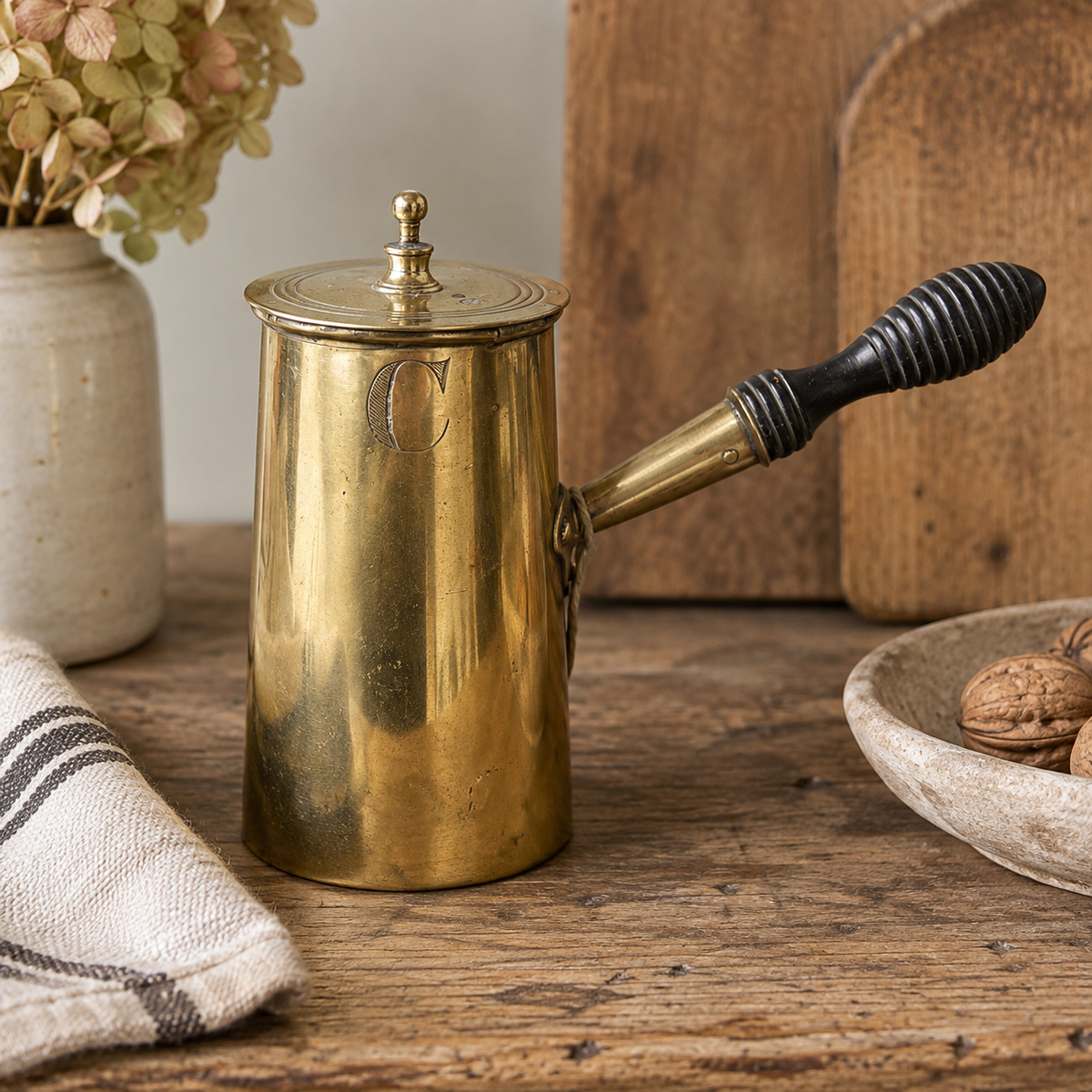 Antique Brass Lidded Chocolate Pot with Ebonized Handle, c. 1900