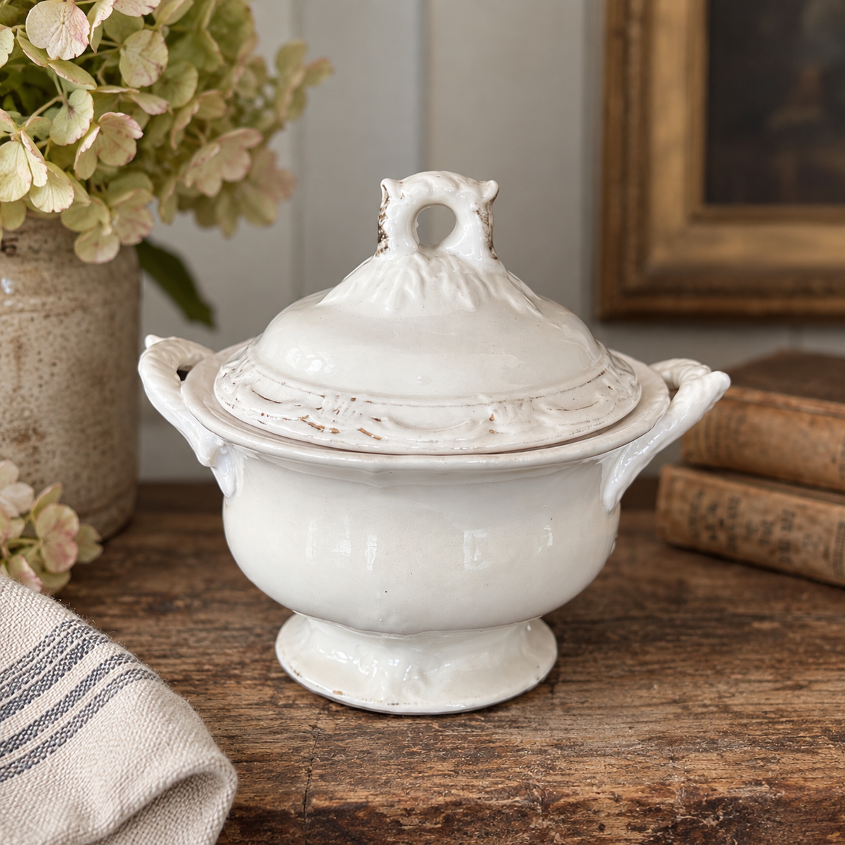Antique White Ironstone Covered Sugar Bowl