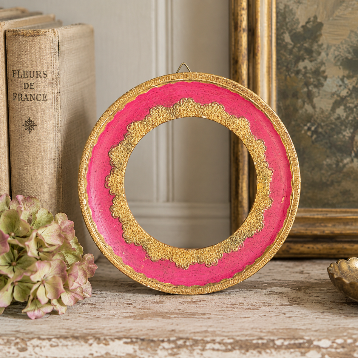 Vintage Italian Florentine Gilt Round Frame – Bright Pink & Gold