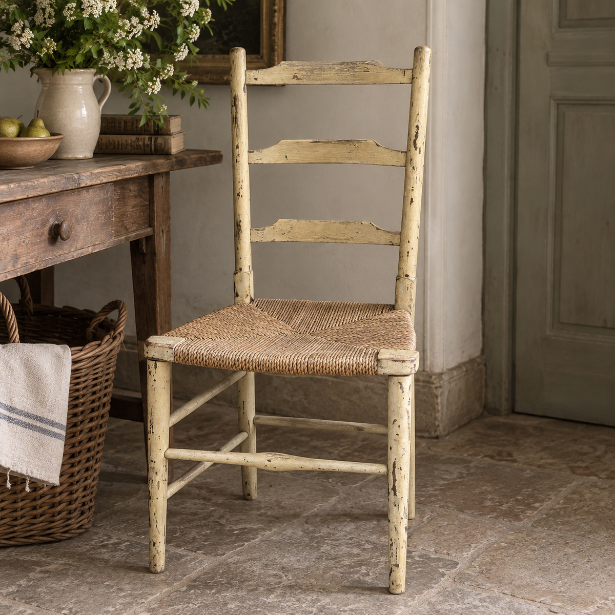 Antique English Painted Ladder-Back Chair with Rush Seat | c. 1890–1910