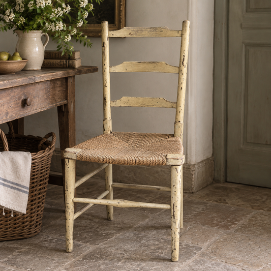 Antique English Painted Ladder-Back Chair with Rush Seat | c. 1890–1910