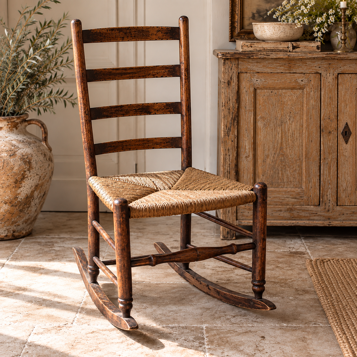 Antique Ladder-Back Rush Seat Rocking Chair | c. 1890–1910