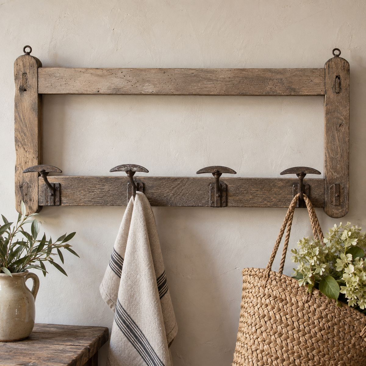 Antique Wooden Wall Rack with Iron Hooks