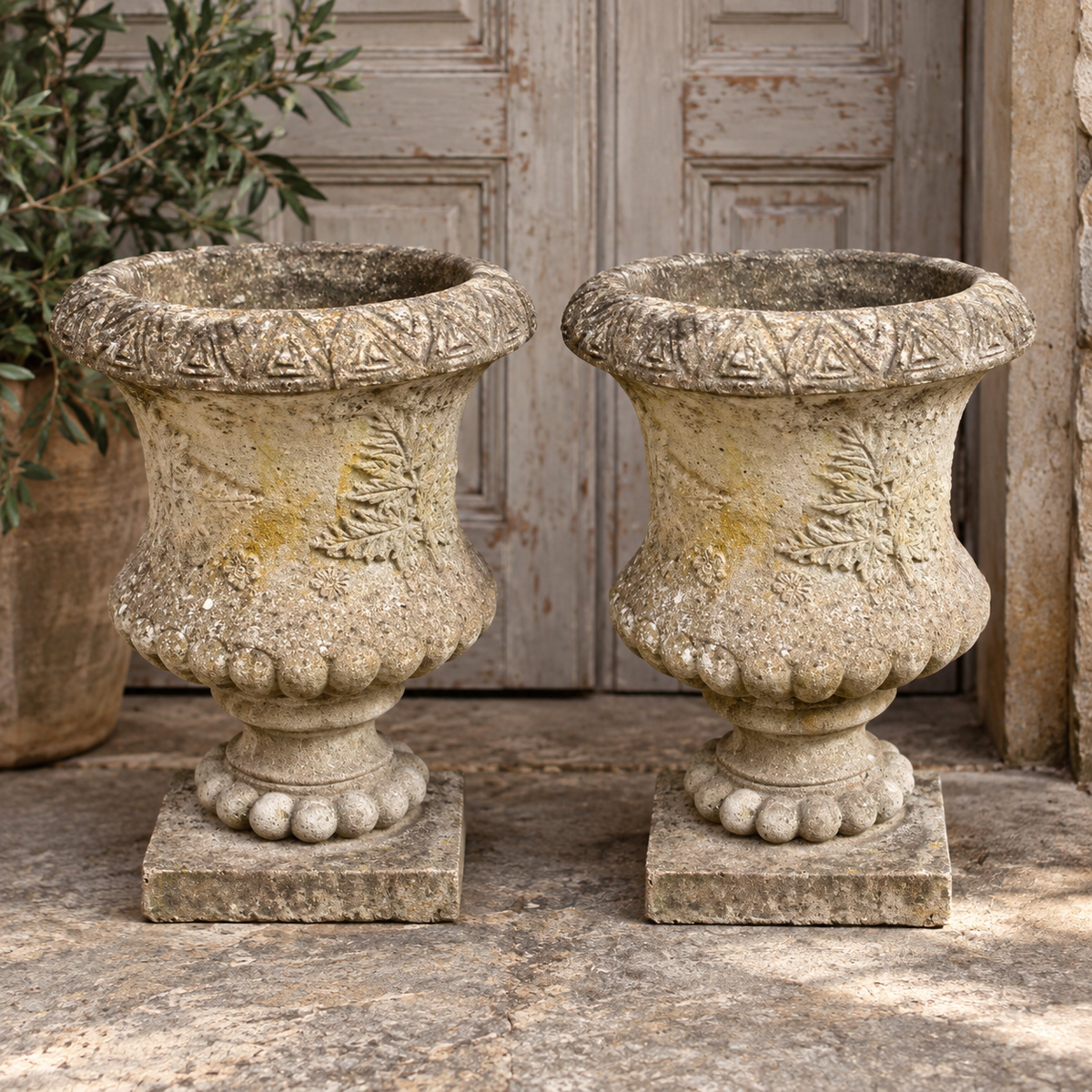 Pair of Antique Cast Stone Garden Urns