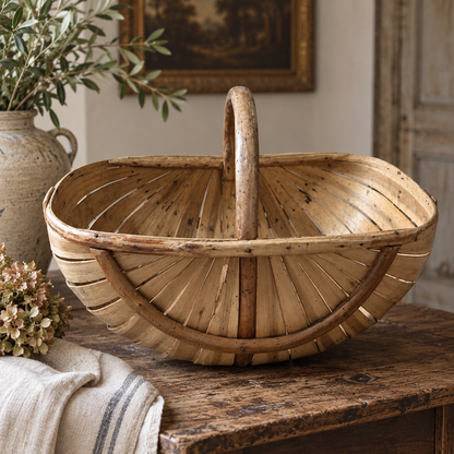 Antique English Stave & Splint Harvest Basket