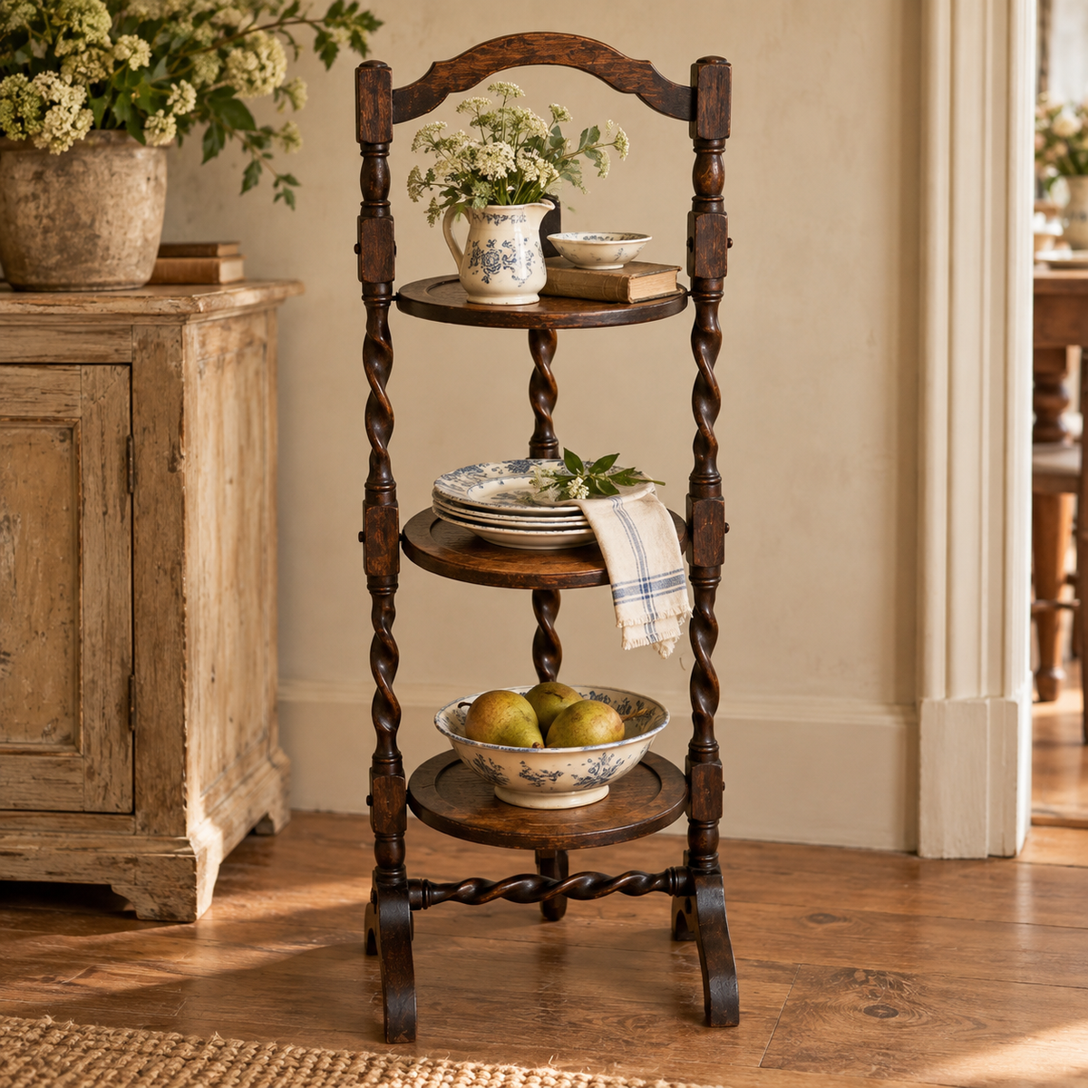 Antique English Oak Folding Three-Tier Cake Stand | c. 1900–1920