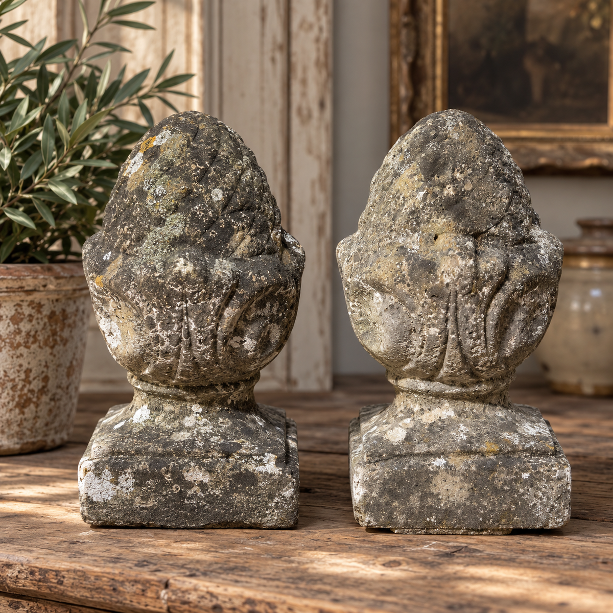 Pair of Antique English Cast Stone Artichoke Finials