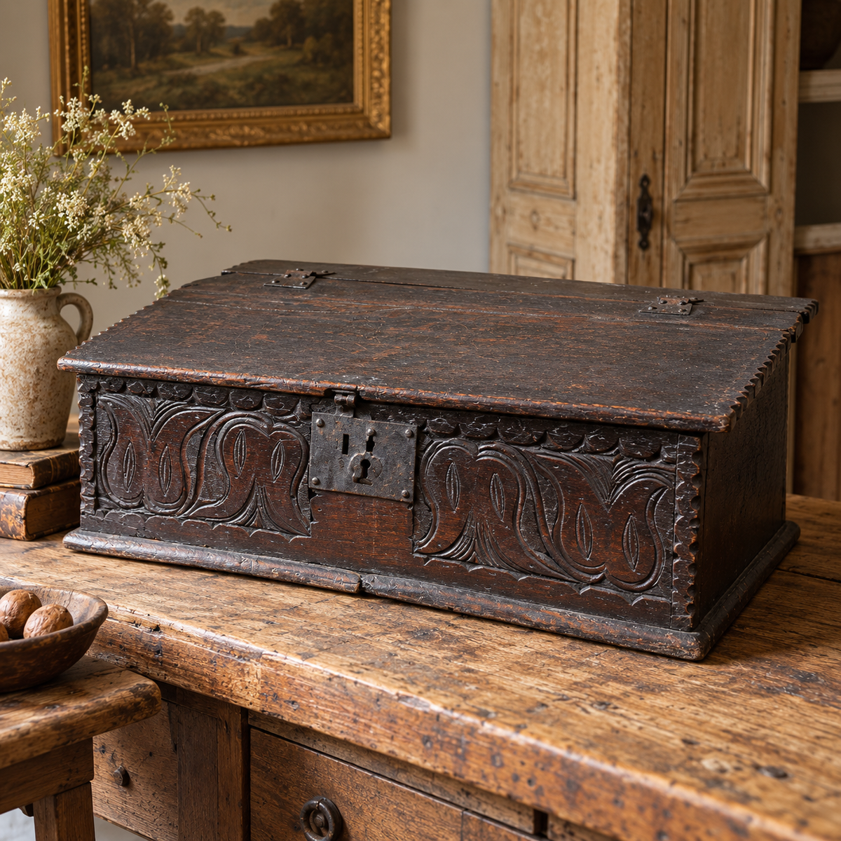 18th Century Carved Oak Bible Box