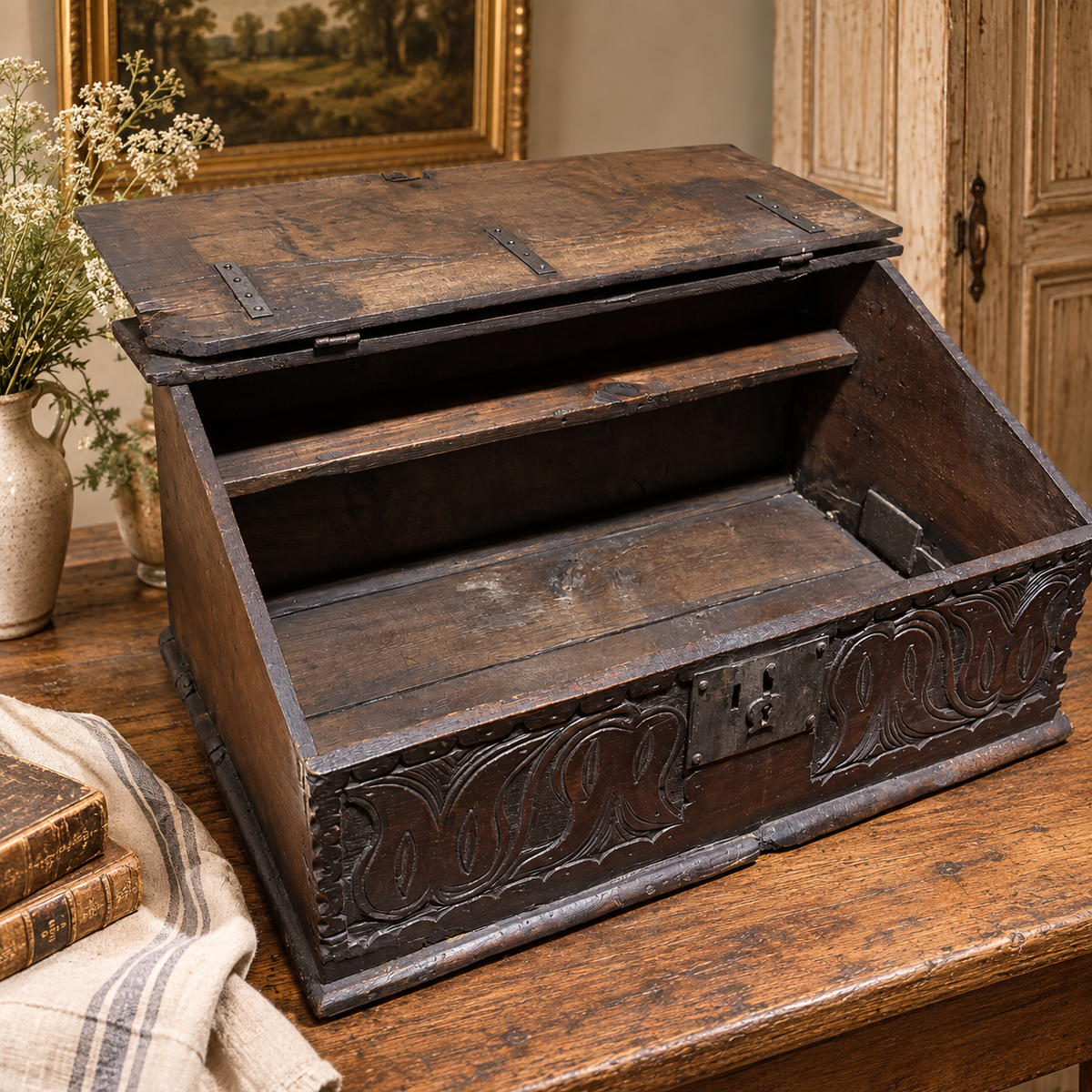 18th Century Carved Oak Bible Box