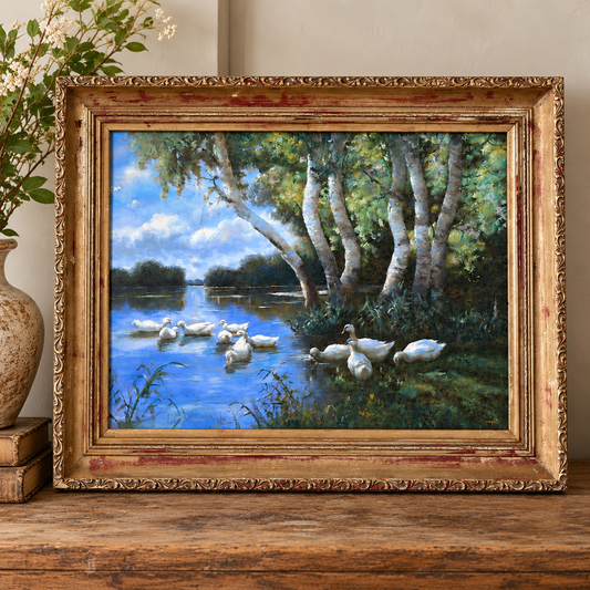 Vintage Original Oil Painting – Ducks on a Pond, Signed J. King