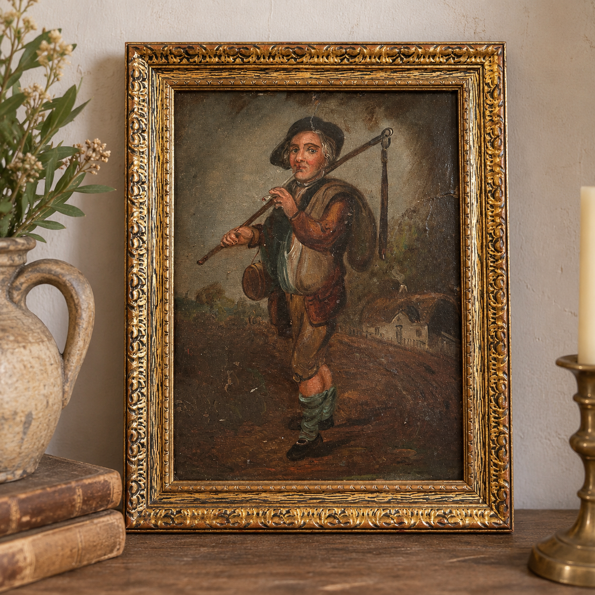 Antique English Oil Painting of a Travelling Figure, c. 1880