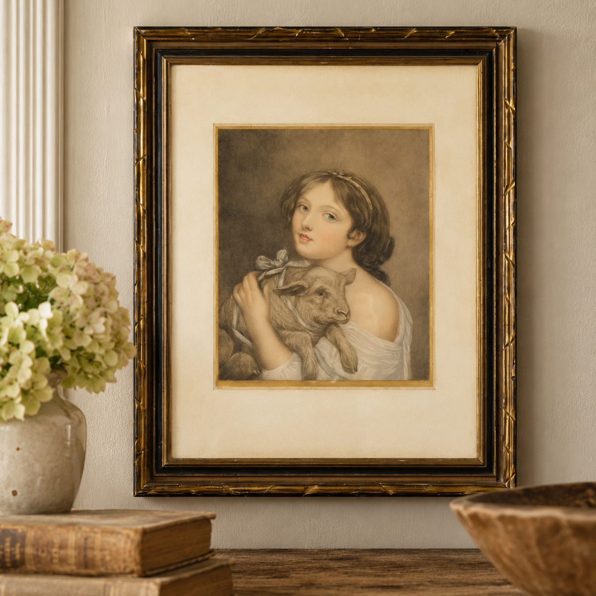 Antique Colour Engraving – “A Girl with a Lamb”