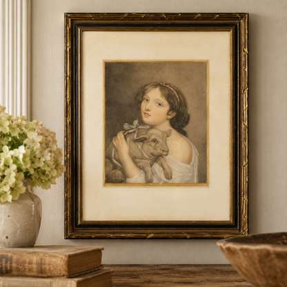 Antique Colour Engraving – “A Girl with a Lamb”