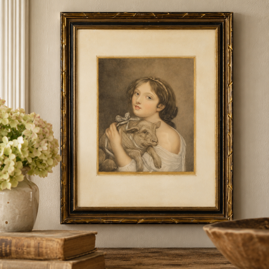 Antique Colour Engraving – “A Girl with a Lamb”