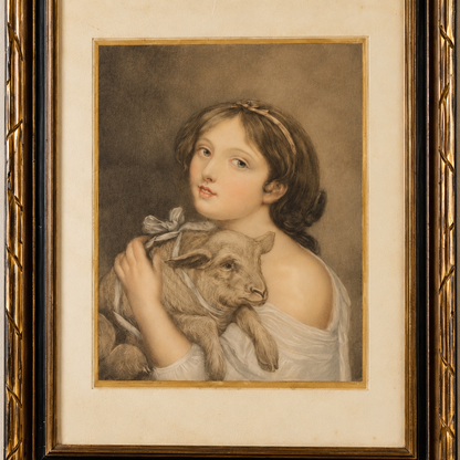 Antique Colour Engraving – “A Girl with a Lamb”