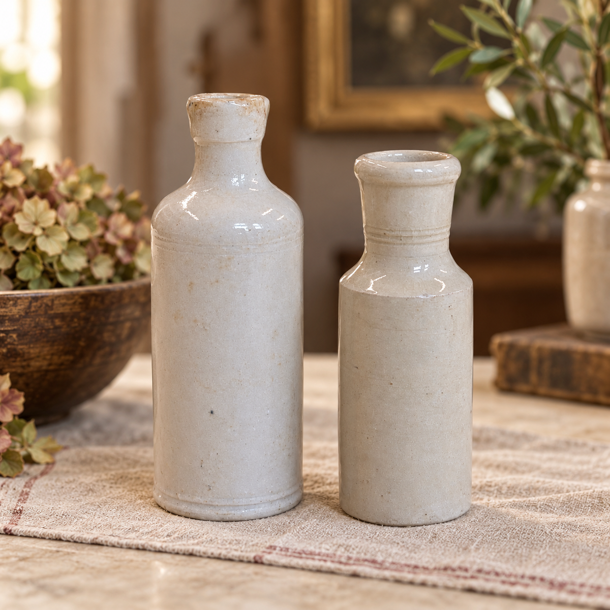 Vintage Cream Glazed Stoneware Bottles | Early 20th Century