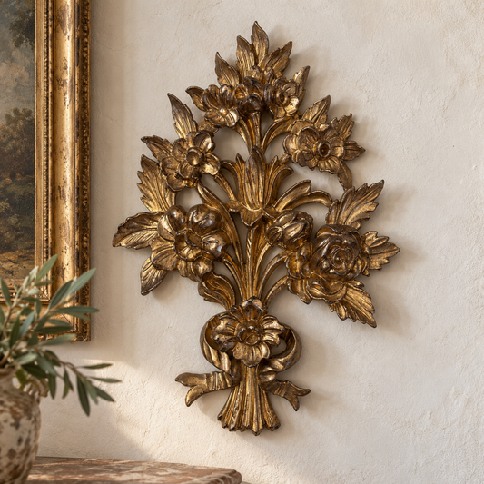 Vintage Italian Giltwood Floral Wall Appliqué