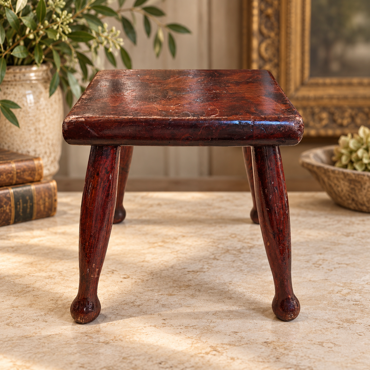 Vintage English Solid Wood Stool | Mid-20th Century