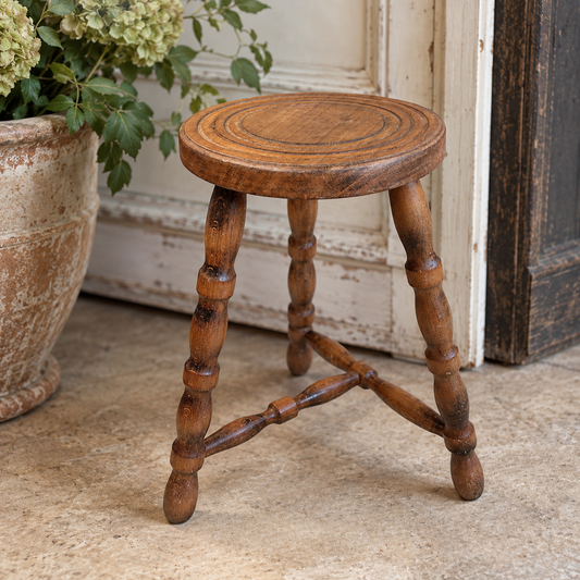 Vintage English Turned Wood Stool – Early to Mid-20th Century