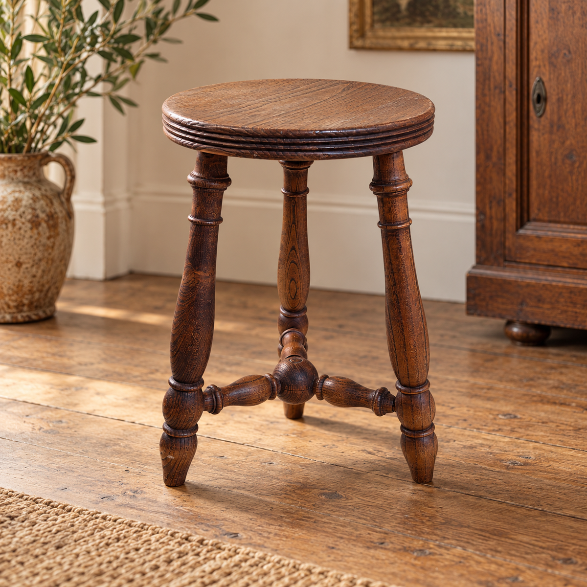 Vintage English Oak Three-Legged Stool | Early 20th Century