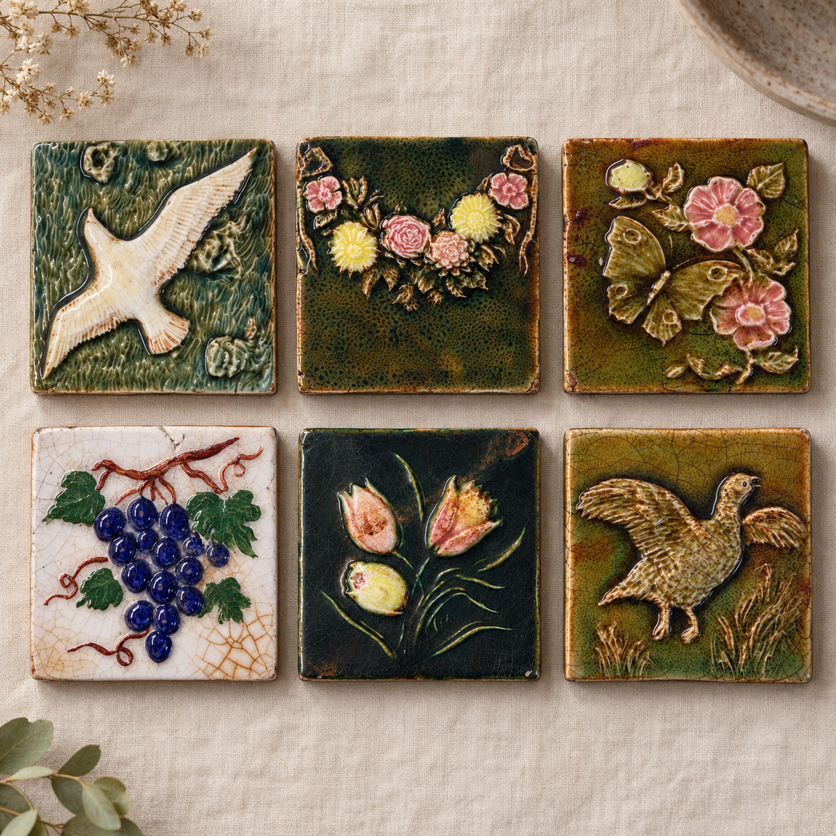 Antique French Barbotine Majolica Tiles, c. 1880–1910