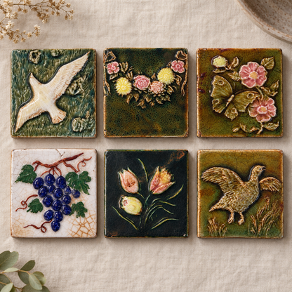 Antique French Barbotine Majolica Tiles, c. 1880–1910