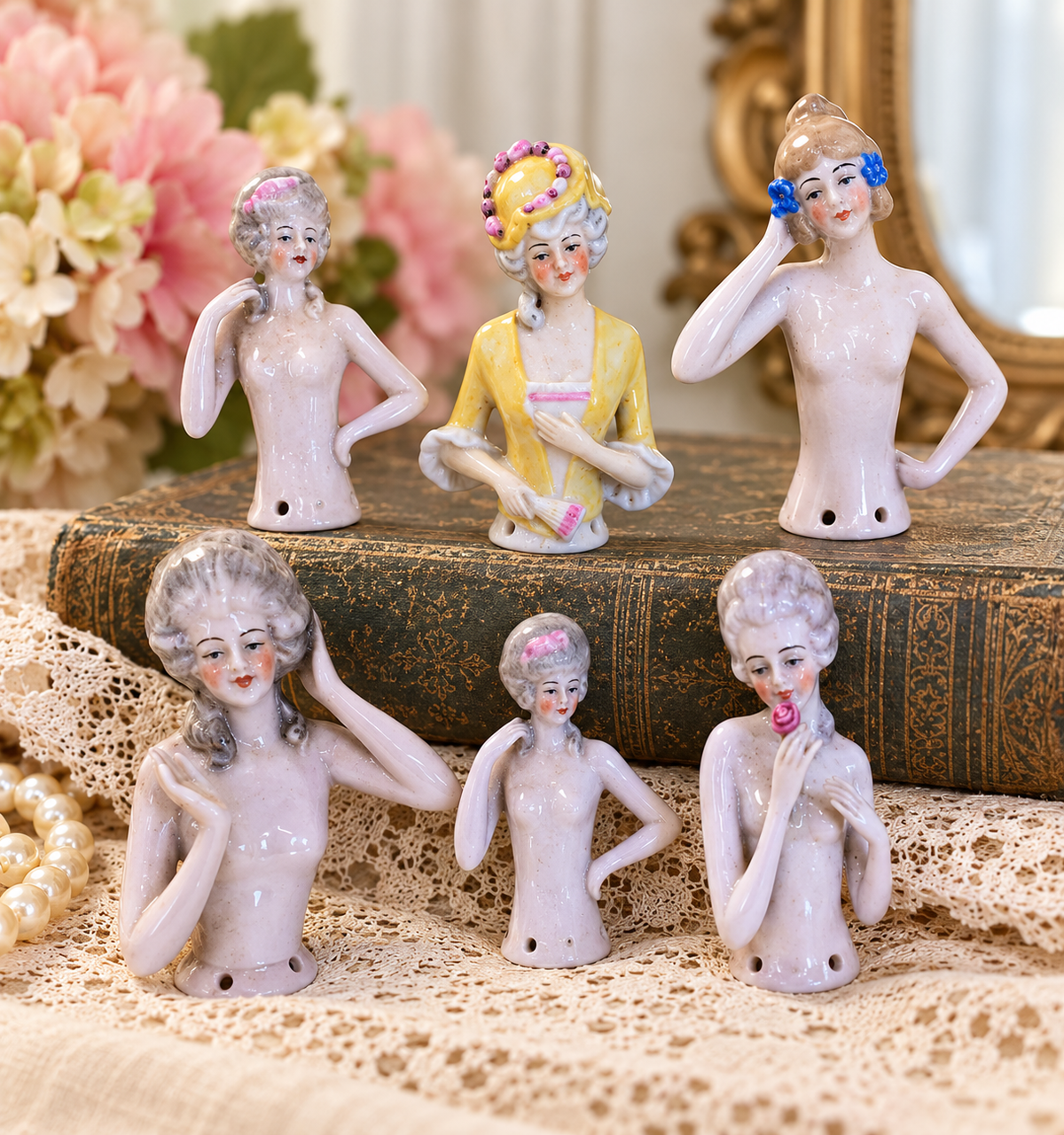 Antique Porcelain Half Doll Pincushion Figures | c. 1920s–30s