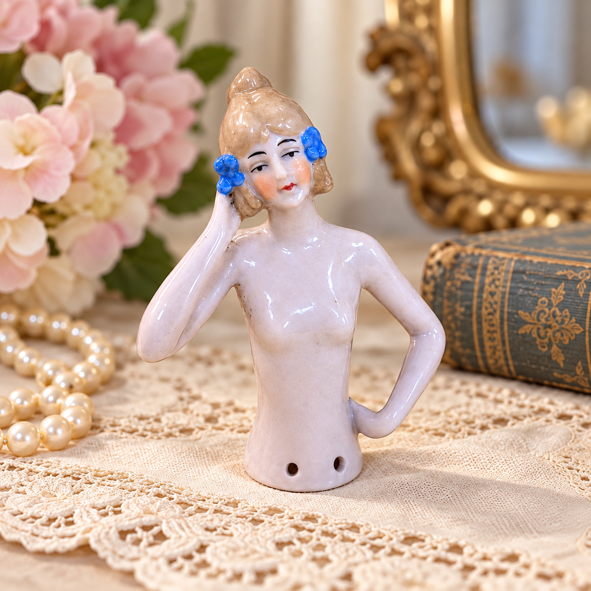 Antique Porcelain Half Doll Pincushion Figures | c. 1920s–30s