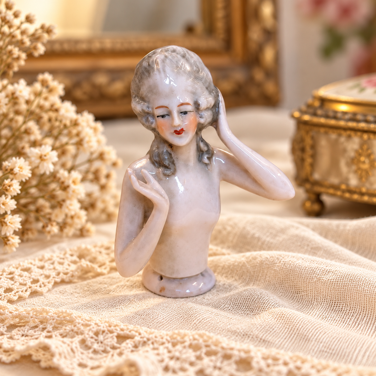 Antique Porcelain Half Doll Pincushion Figures | c. 1920s–30s