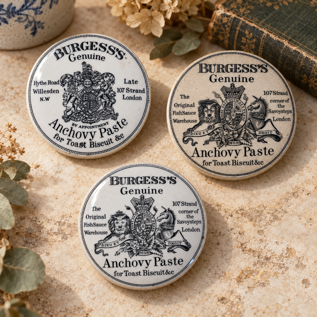 Antique English Burgess’s Anchovy Paste Pot Lids | Victorian Advertising Pottery