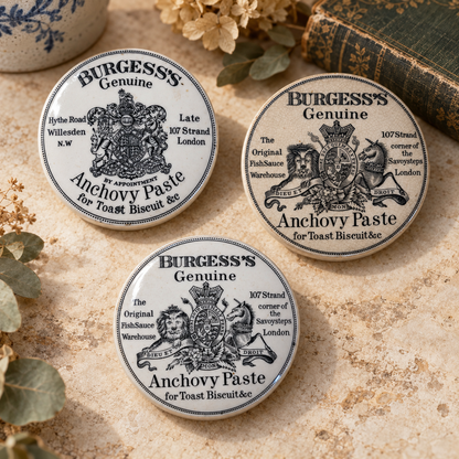 Antique English Burgess’s Anchovy Paste Pot Lids | Victorian Advertising Pottery
