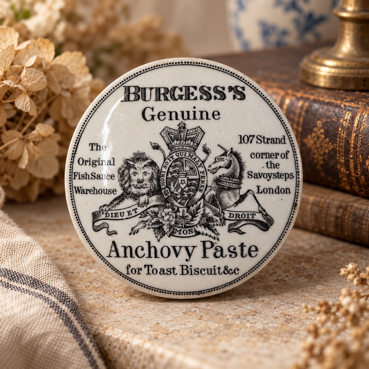 Antique English Burgess’s Anchovy Paste Pot Lids | Victorian Advertising Pottery
