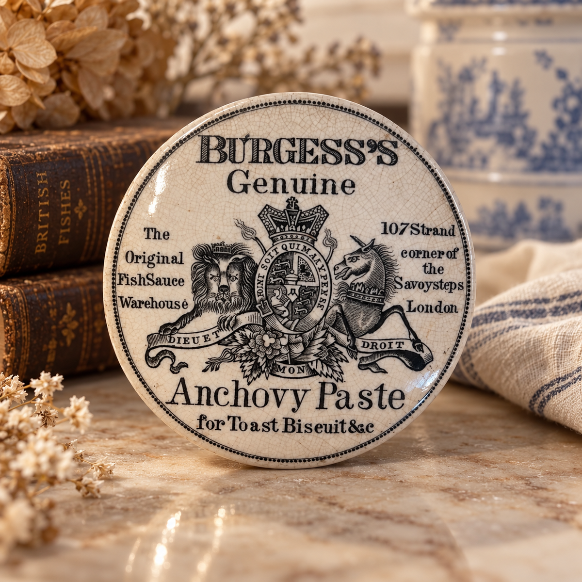 Antique English Burgess’s Anchovy Paste Pot Lids | Victorian Advertising Pottery