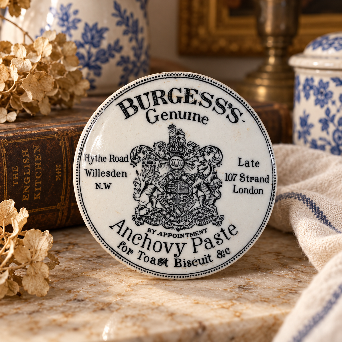 Antique English Burgess’s Anchovy Paste Pot Lids | Victorian Advertising Pottery